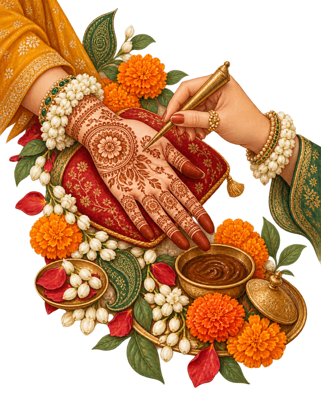 Mehendi being applied among marigolds and jasmine